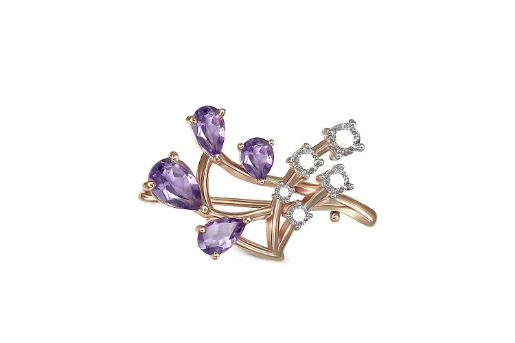 Брошь Цветок из красного золота с 4 аметистами и 5 фианитами