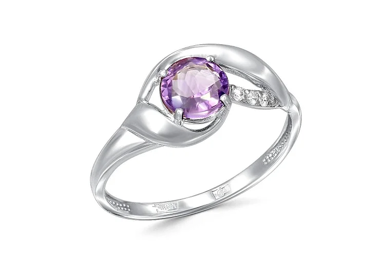 Кольцо из белого золота с аметистом и 3 фианитами