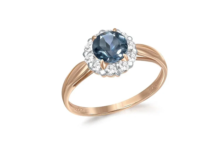 Кольцо из красного золота с топазом лондон и 10 фианитами