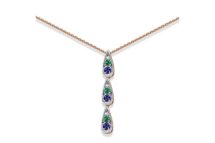 Колье из красного золота с корундами, фианитами и изумрудами