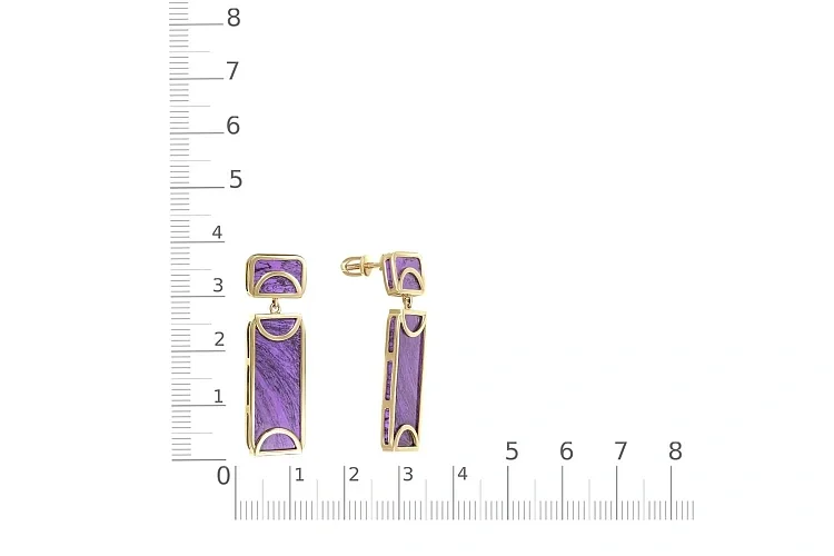 Серьги-пусеты Прямоугольники из жёлтого золота с 4 чароитами