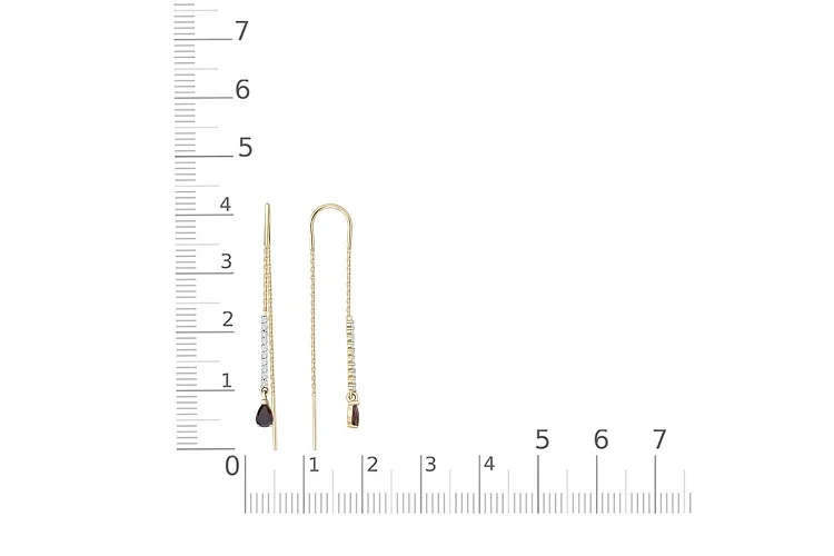 Серьги-продёвки Дорожки из жёлтого золота с 2 гранатами и 20 фианитами
