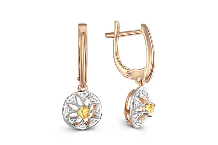 Серьги Цветы из красного золота с 2 цитринами и 16 фианитами
