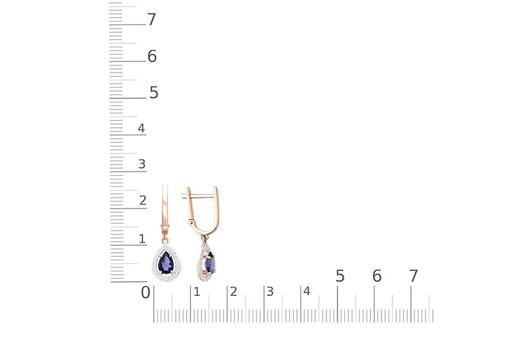 Серьги из красного золота с 2 иолитами и 40 фианитами