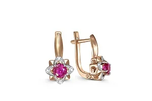 Серьги Цветы из красного золота с 2 корундами и 8 бриллиантами