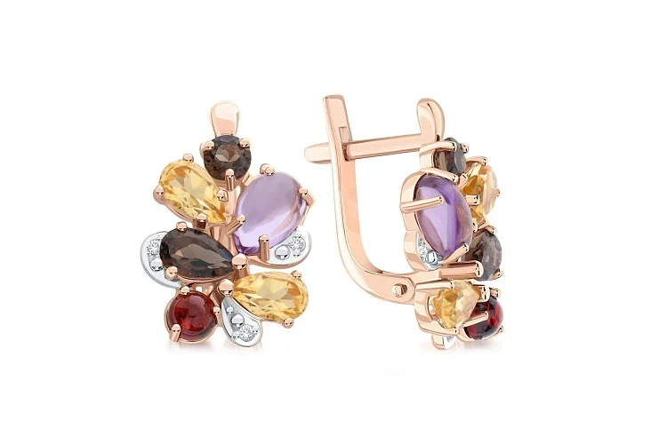 Серьги Цветы из красного золота с аметистами, гранатами и раухтопазами