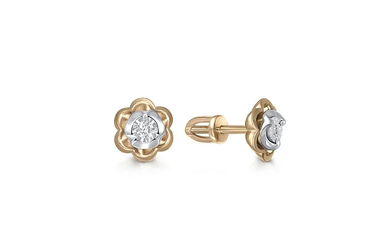 Серьги-пусеты Цветы из жёлтого золота с 2 бриллиантами