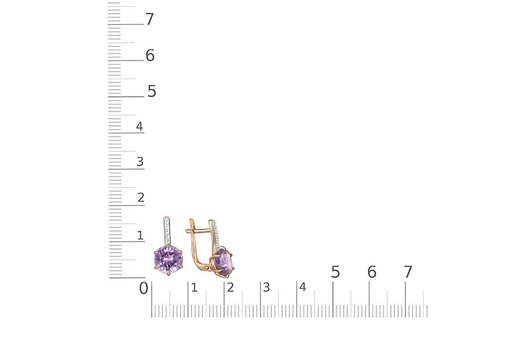 Серьги из красного золота с 2 аметистами и 10 фианитами