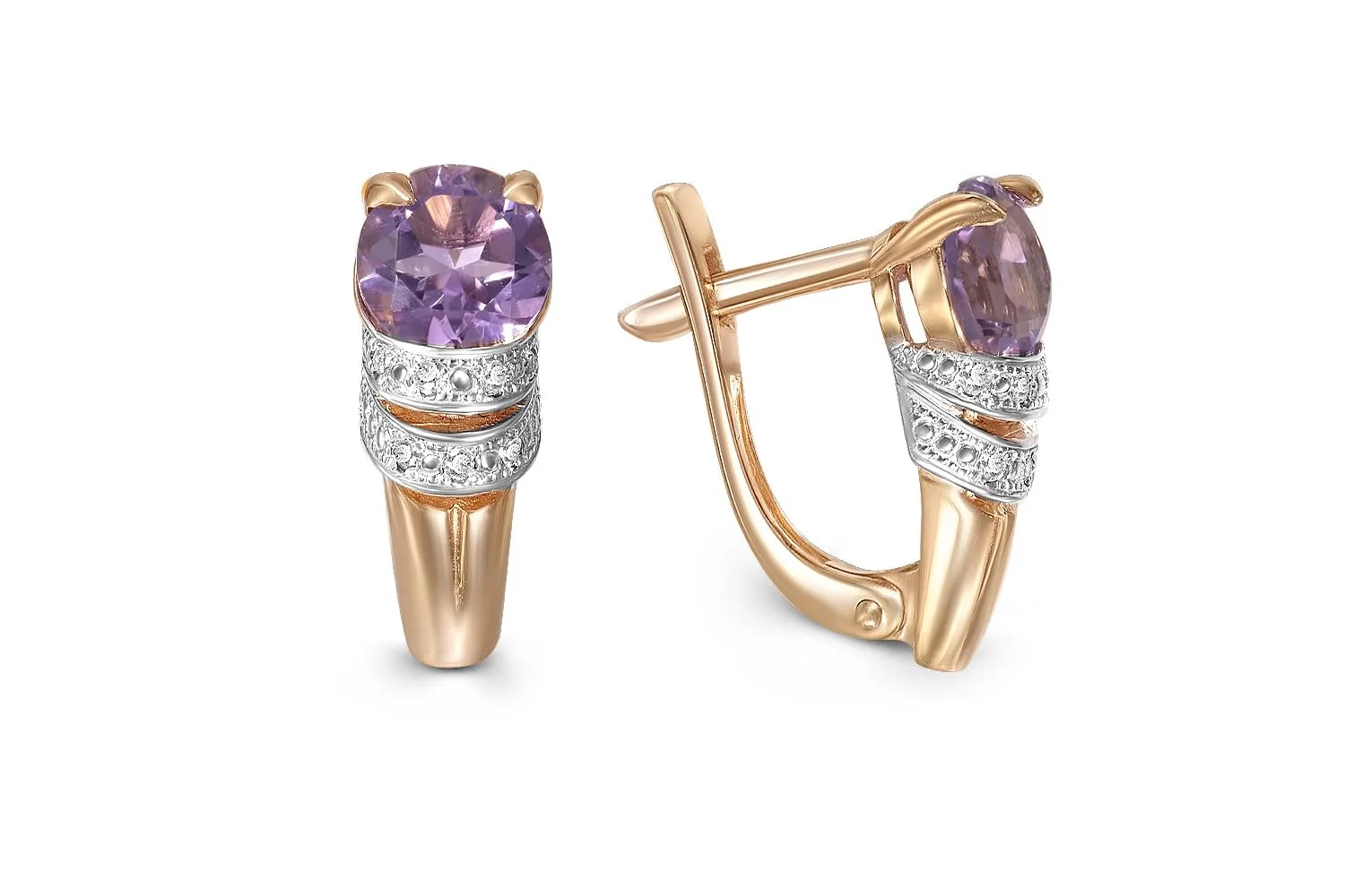 Серьги из красного золота с 2 аметистами и 14 фианитами