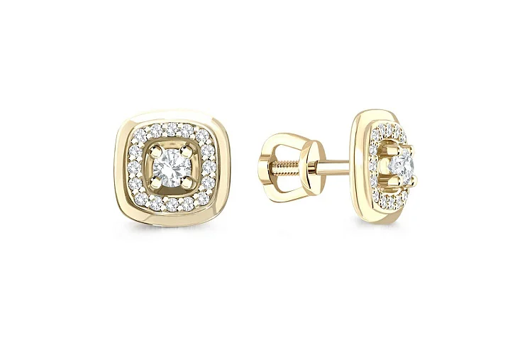Серьги-пусеты Квадраты из жёлтого золота с 34 муассанитами