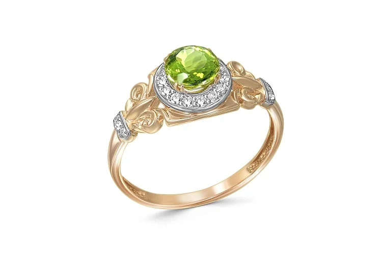 Кольцо из красного золота с хризолитом и 21 фианитами