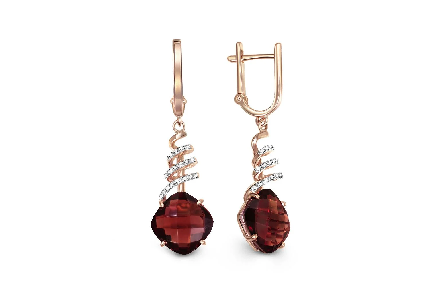 Серьги из красного золота с 2 гранатами и 36 фианитами