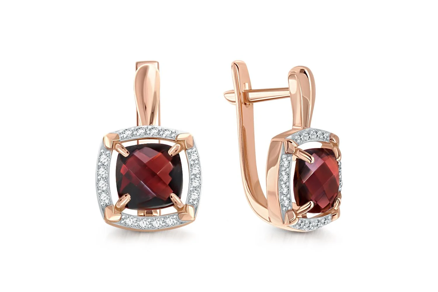 Серьги из красного золота с 2 гранатами и 32 фианитами