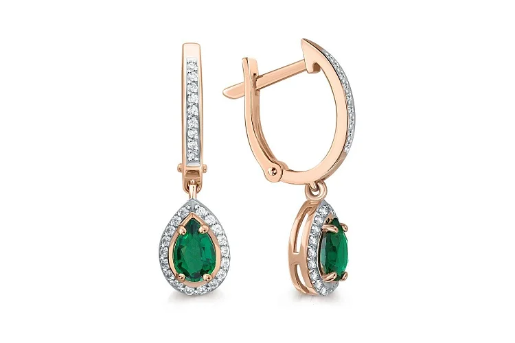 Серьги из красного золота с 2 изумрудами и 54 фианитами