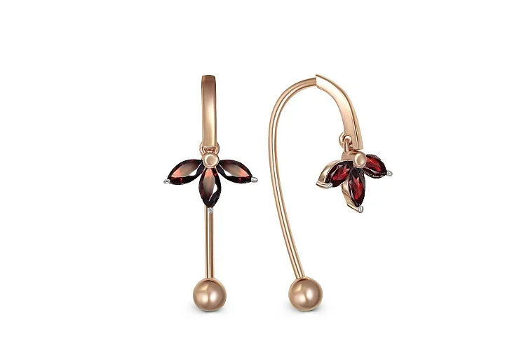 Серьги Цветы из красного золота с 6 гранатами