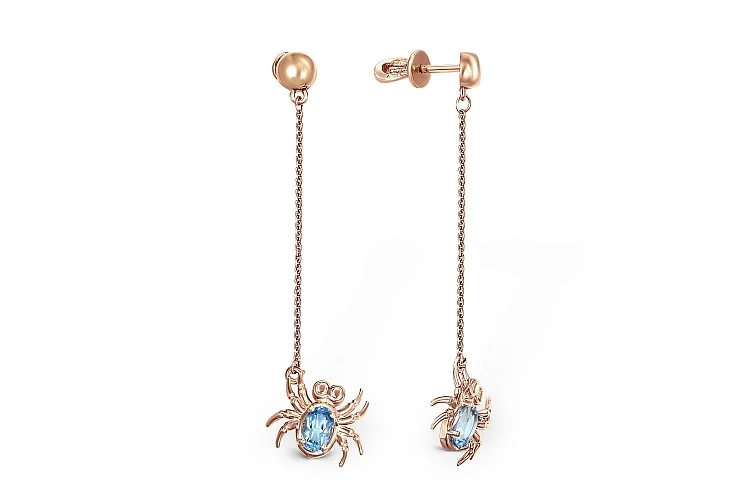Серьги-пусеты Пауки из красного золота с 2 топазами swiss