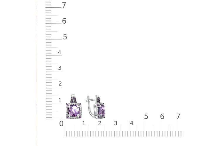 Серьги из белого золота с 2 аметистами и 52 фианитами