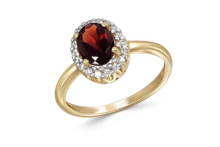 Кольцо из жёлтого золота с гранатом и 18 фианитами