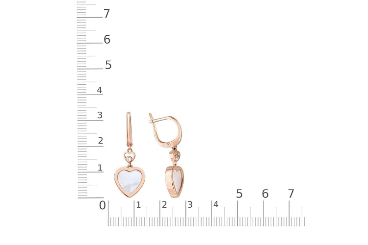 Серьги Сердца из красного золота с перламутром и 2 фианитами