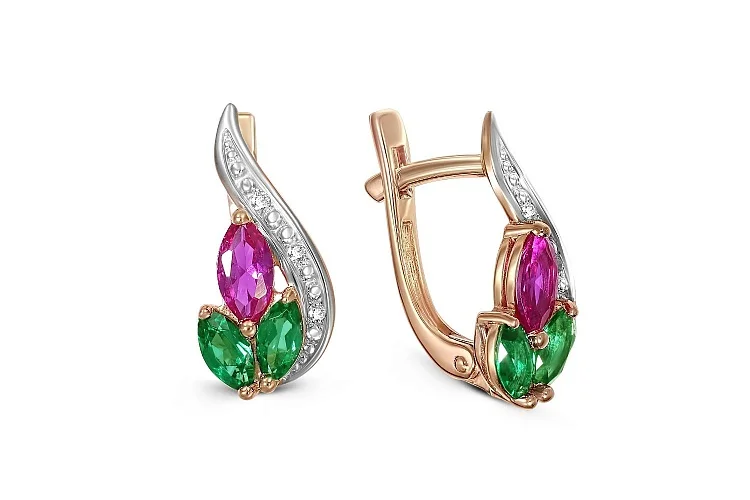 Серьги Цветы из красного золота с корундами, фианитами и изумрудами