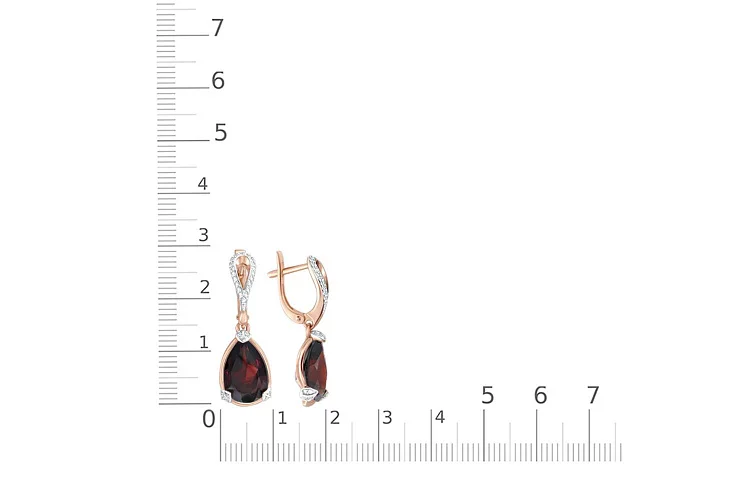 Серьги из красного золота с 2 гранатами и 64 фианитами