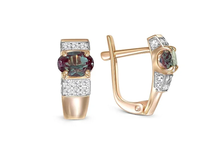 Серьги из красного золота с 2 александритами и 30 фианитами