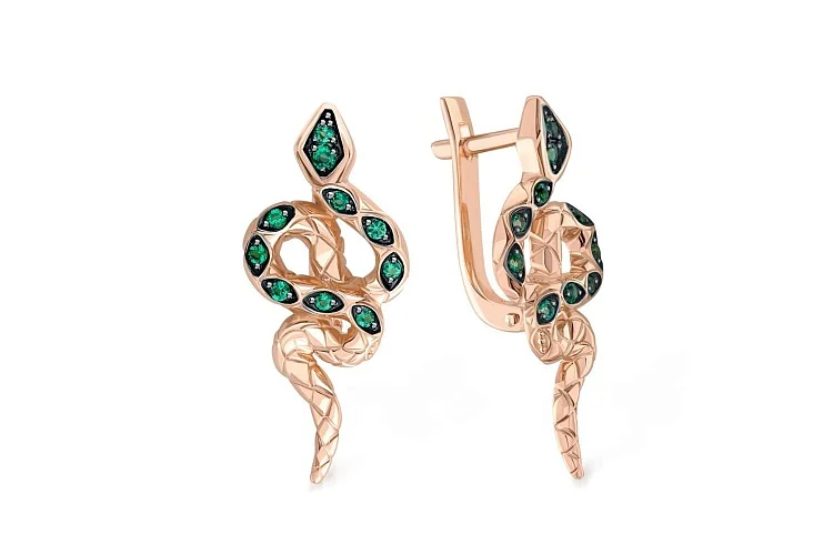 Серьги Змеи из красного золота с 20 изумрудами
