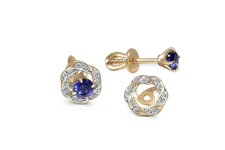 Серьги-пусеты из жёлтого золота с 26 фианитами