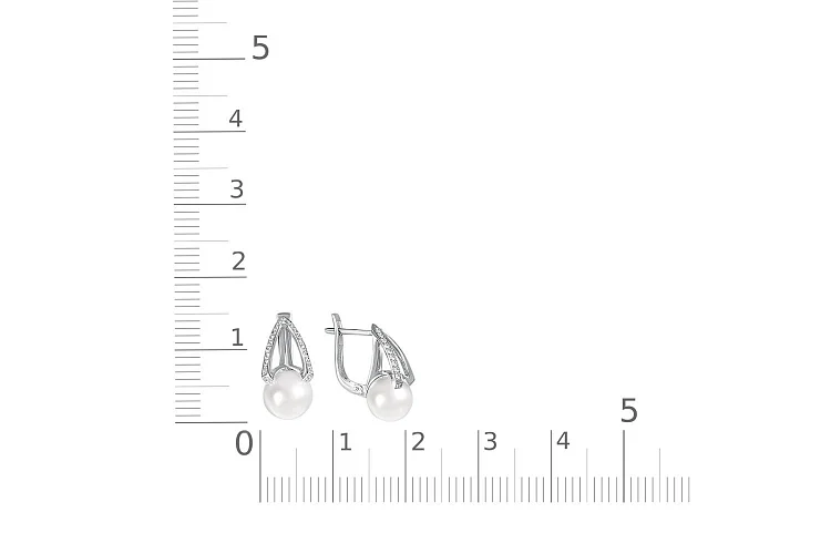 Серьги из белого золота с 2 жемчужинами и 42 фианитами