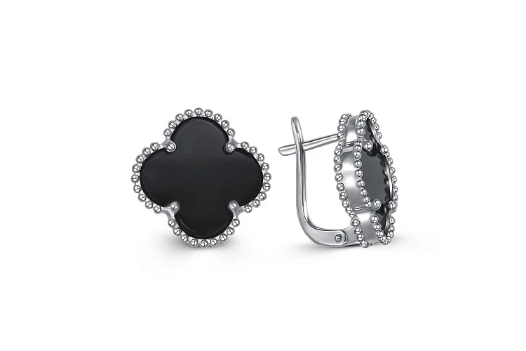 Серьги Клевер из белого золота с 2 ониксами