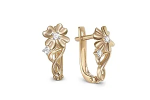 Серьги Цветы из жёлтого золота с 4 фианитами