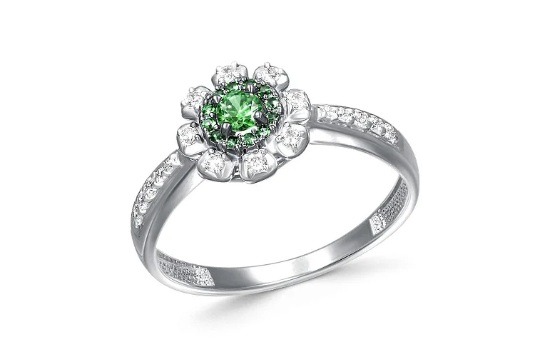 Кольцо Цветок из белого золота с 13 изумрудами и 18 бриллиантами