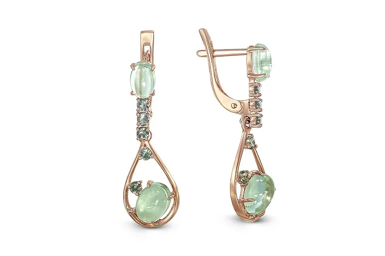 Серьги из красного золота с 4 празиолитами и 10 шпинелями