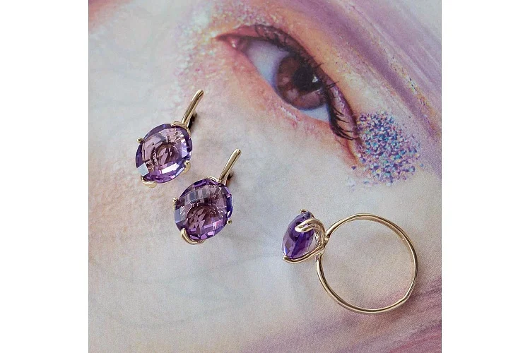 Серьги из жёлтого золота с 2 аметистами