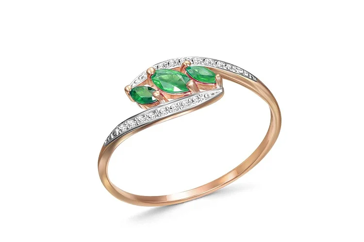 Кольцо из красного золота с 3 изумрудами и 16 бриллиантами
