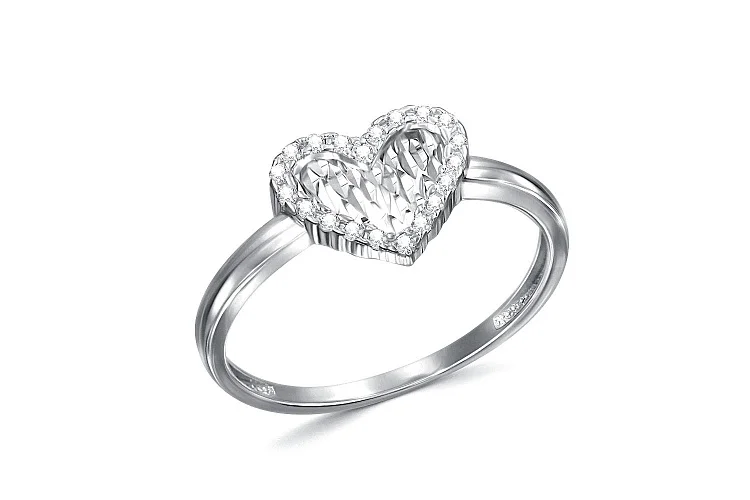 Кольцо Сердце из белого золота с 20 фианитами