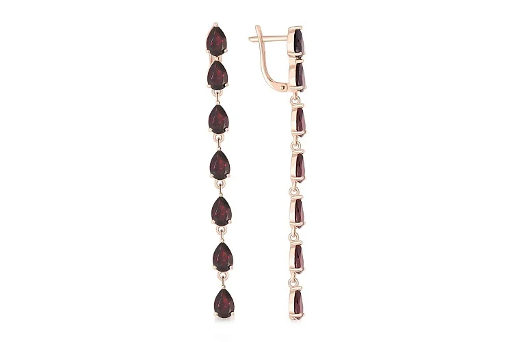 Серьги Дорожки из красного золота с 14 гранатами