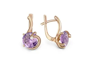 Серьги из красного золота с 2 аметистами и 2 фианитами