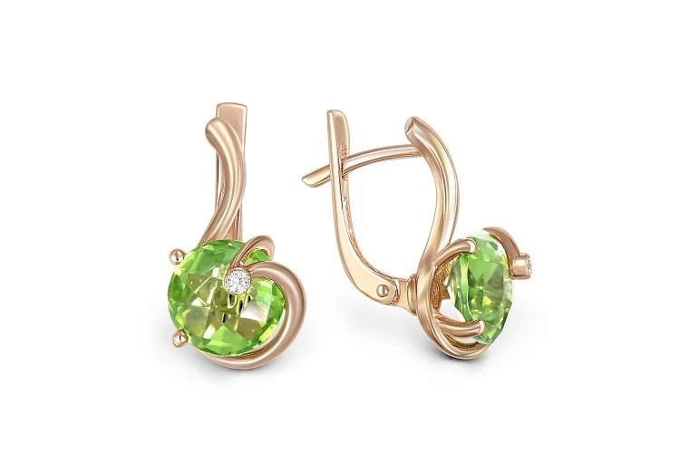 Серьги из красного золота с 2 хризолитами и 2 фианитами