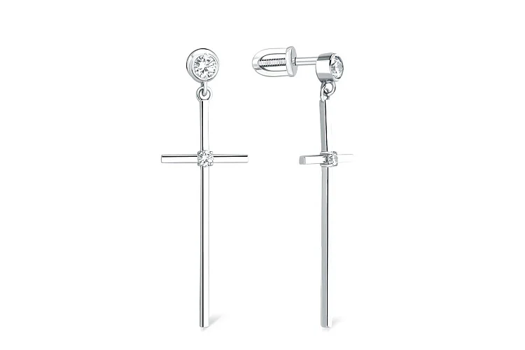 Серьги-пусеты Кресты из белого золота с 4 муассанитами