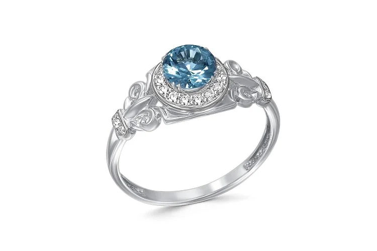 Кольцо из белого золота с топазом лондон и 21 фианитами