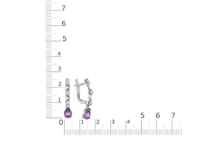 Серьги из белого золота с 2 аметистами и 6 фианитами