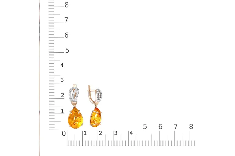 Серьги из красного золота с янтарём и 38 фианитами