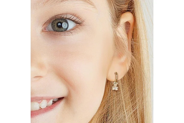 Детские серьги Мишки из жёлтого золота с 2 фианитами