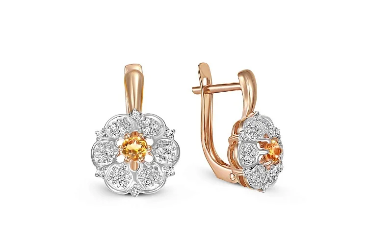 Серьги Цветы из красного золота с 2 цитринами и 48 фианитами
