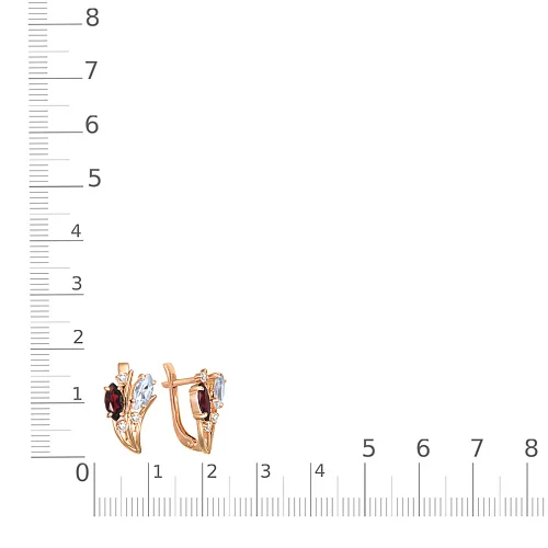 Серьги Цветы из красного золота с 4 гранатами и 6 фианитами