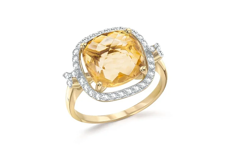 Кольцо из жёлтого золота с цитрином и 34 фианитами