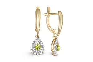 Серьги из жёлтого золота с 2 хризолитами и 44 фианитами