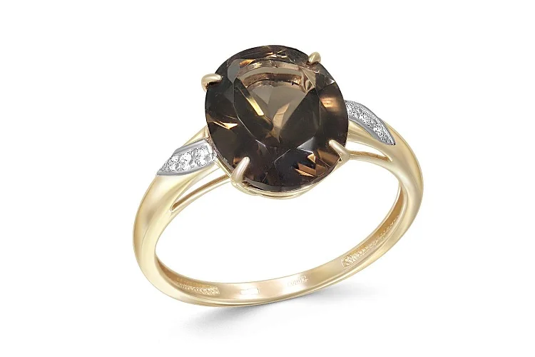 Кольцо из жёлтого золота с раухтопазом и 6 фианитами