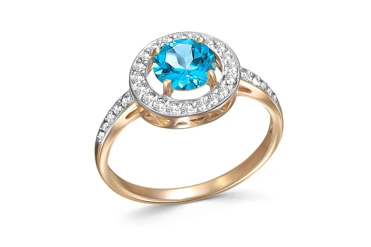 Кольцо из красного золота с топазом swiss и 30 фианитами